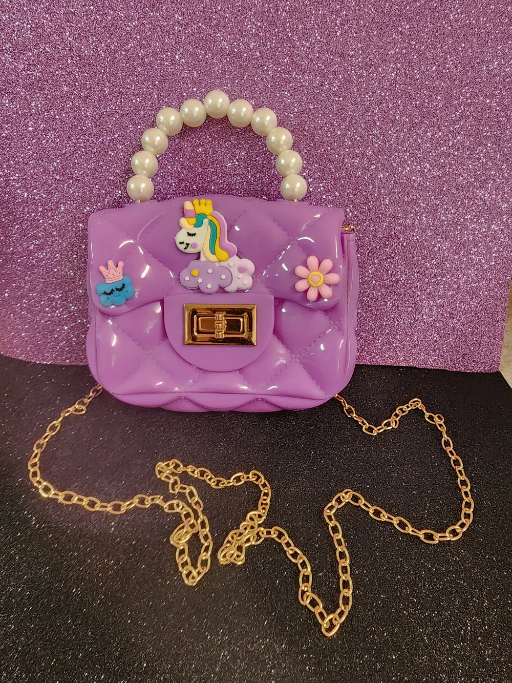 Kids Purple Unicorn Pearl-Handle Mini Bag with Gold Chain